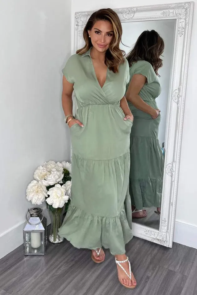 AX Paris Khaki Short Sleeved VNeck Midi Smock Dress Dresses