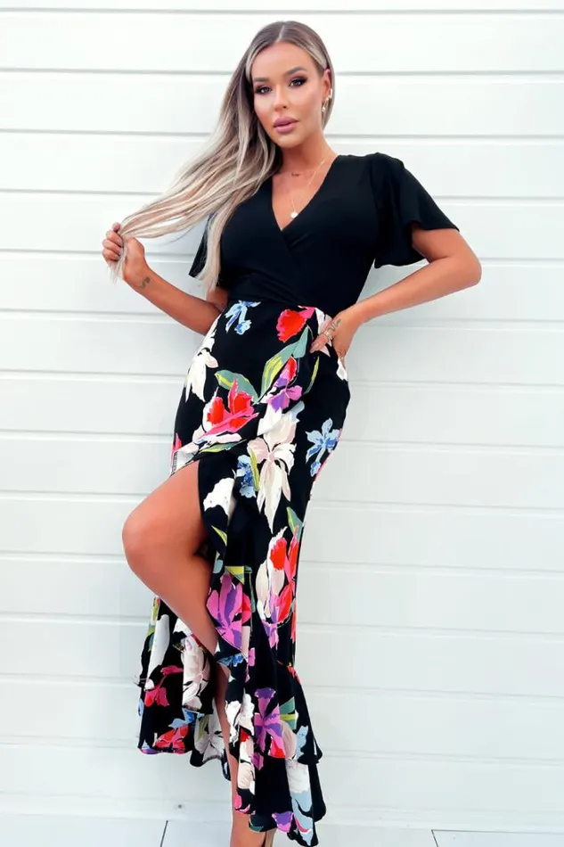 AX Paris Multi Floral Printed 2 In 1 Short Sleeve Frill Hem Midi Dress Dresses