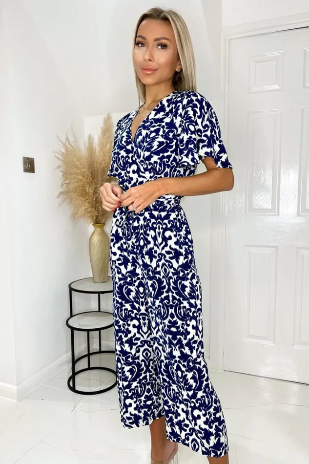 AX Paris Navy And Cream Printed Wrap Top Short Sleeve Belted Jumpsuit Jumpsuits And Playsuits