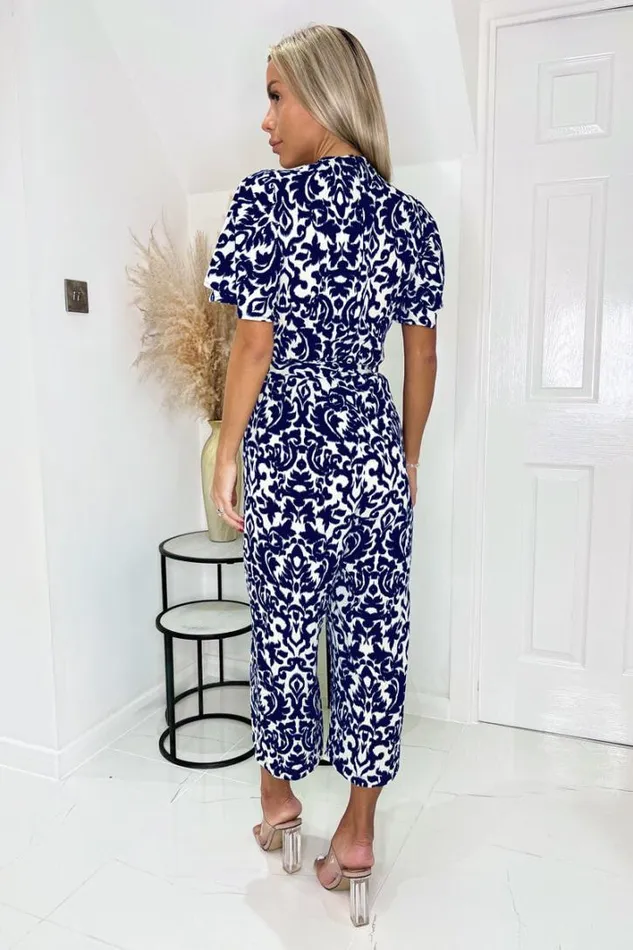 AX Paris Navy And Cream Printed Wrap Top Short Sleeve Belted Jumpsuit Jumpsuits And Playsuits