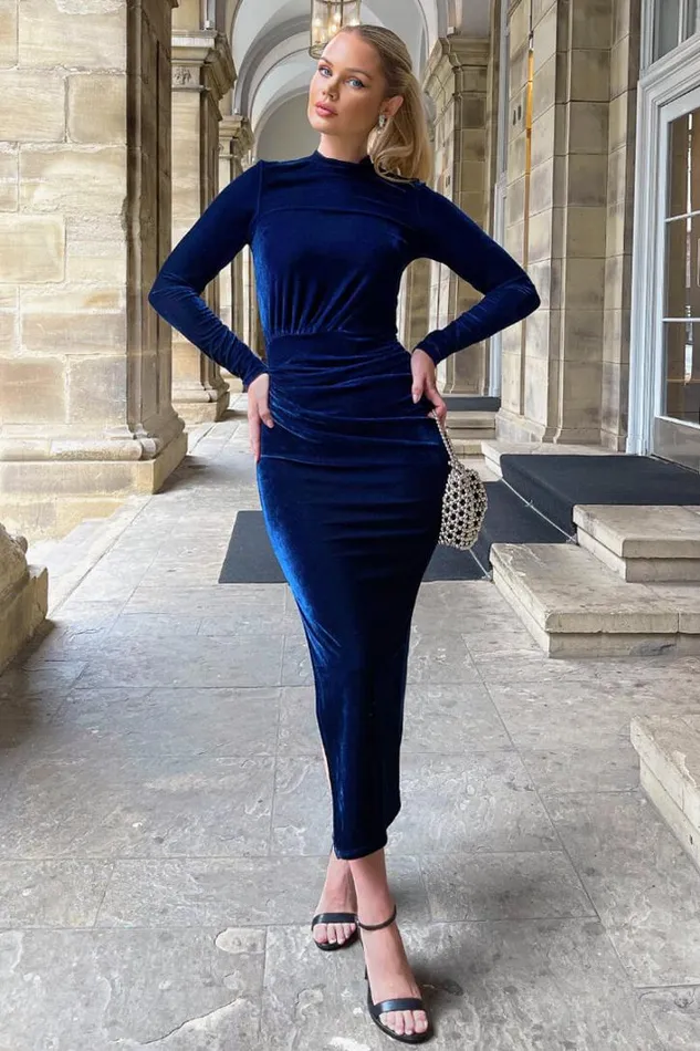 AX Paris Navy Velvet Long Sleeve Split Skirt Midi Dress Dresses