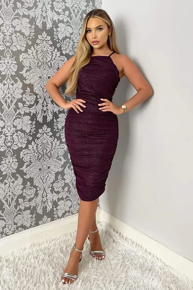 AX Paris Plum Ruched Bodycon Shimmer Midi Dress Dresses