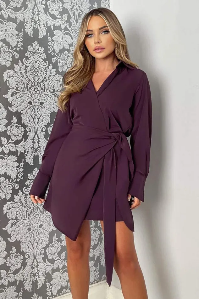AX Paris Plum Tie Wrap Long Sleeve Mini Dress Dresses