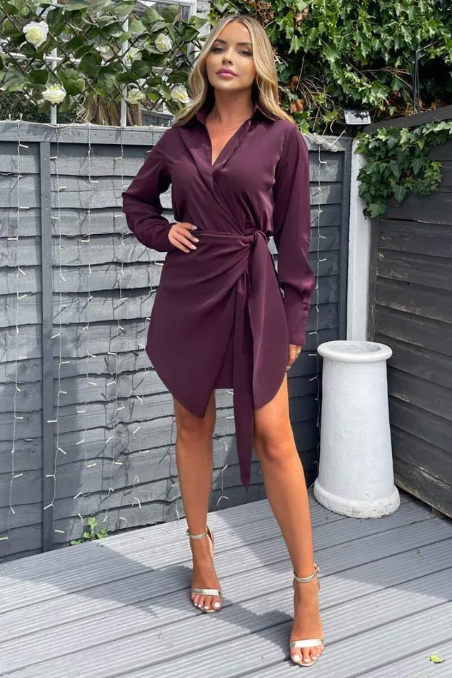 AX Paris Plum Tie Wrap Long Sleeve Mini Dress Dresses
