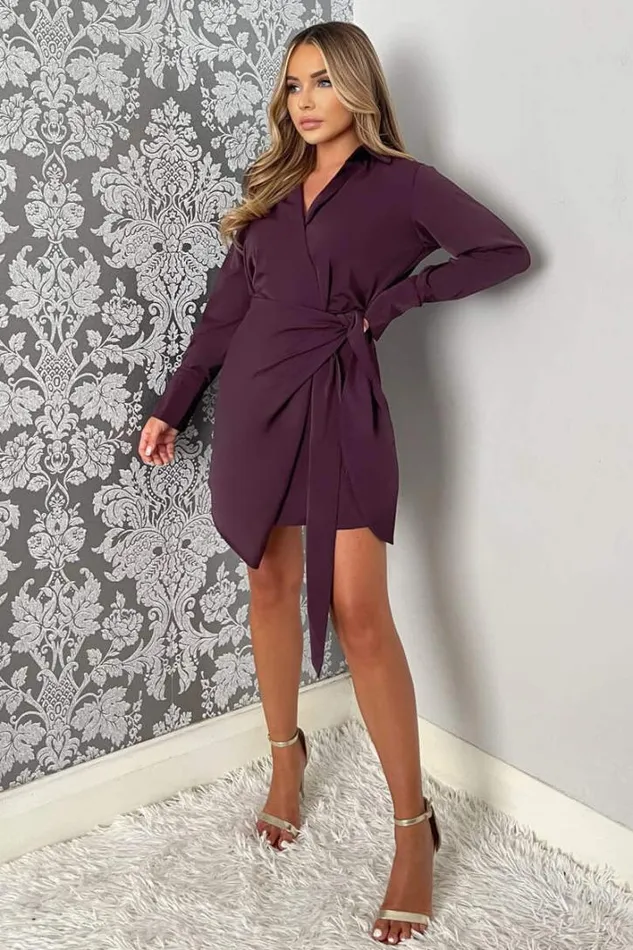 AX Paris Plum Tie Wrap Long Sleeve Mini Dress Dresses