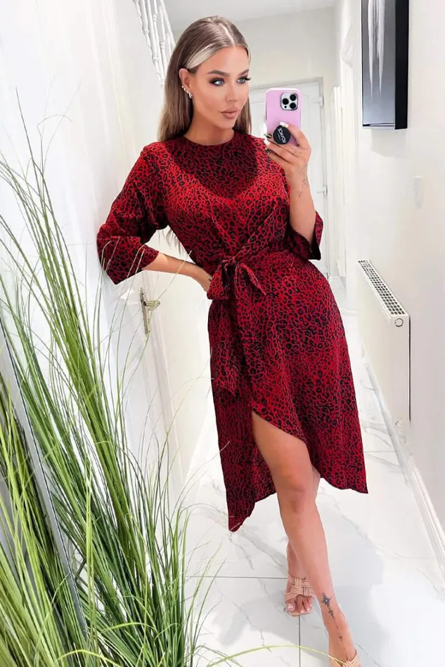 AX Paris Red And Black Animal Print Tie Front Midi Dress Dresses