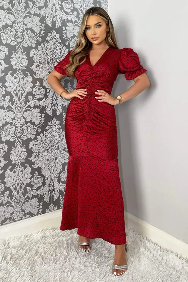 AX Paris Red And Black Printed Short Sleeve Ruched Front Midi Dress Dresses