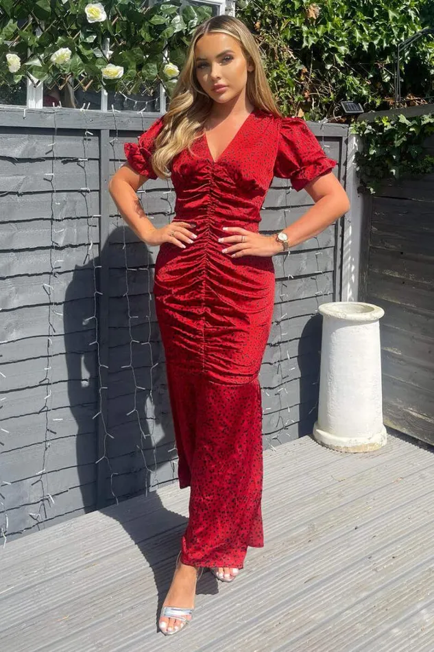 AX Paris Red And Black Printed Short Sleeve Ruched Front Midi Dress Dresses