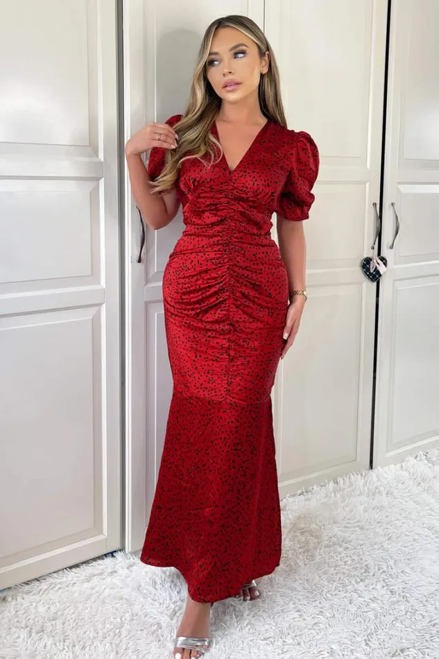 AX Paris Red And Black Printed Short Sleeve Ruched Front Midi Dress Dresses