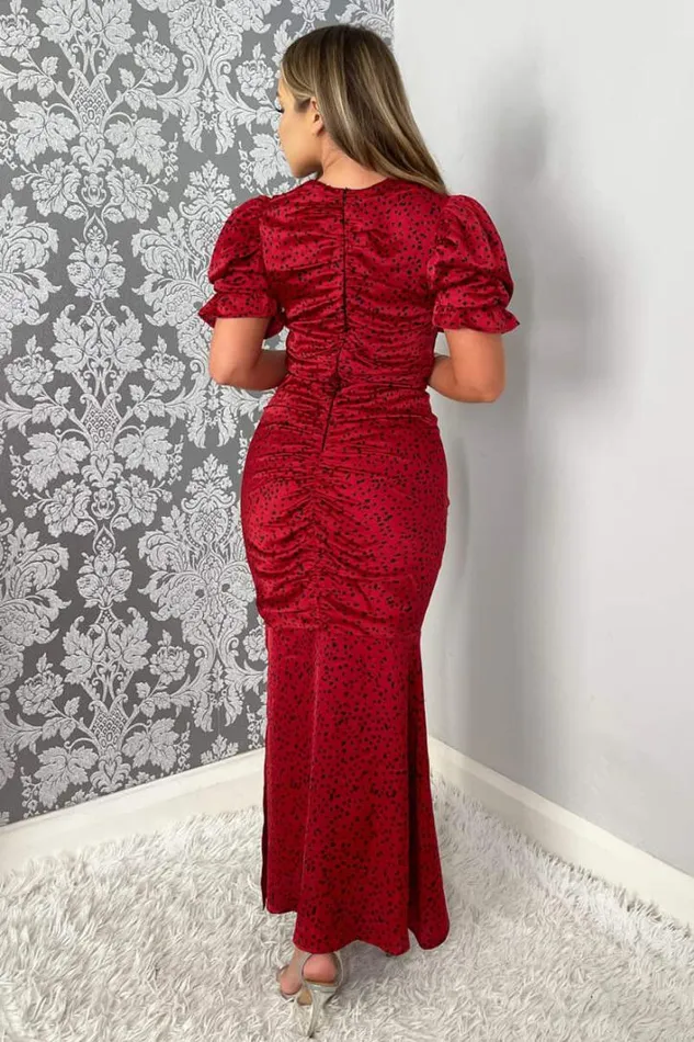 AX Paris Red And Black Printed Short Sleeve Ruched Front Midi Dress Dresses