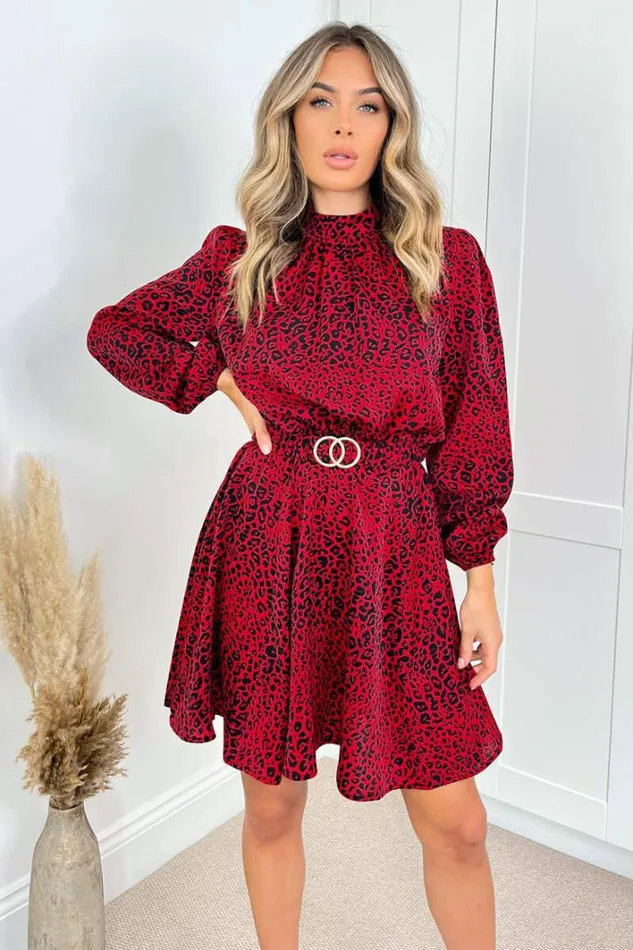 AX Paris Red Leopard Print Gold Belted Skater Dress Dresses