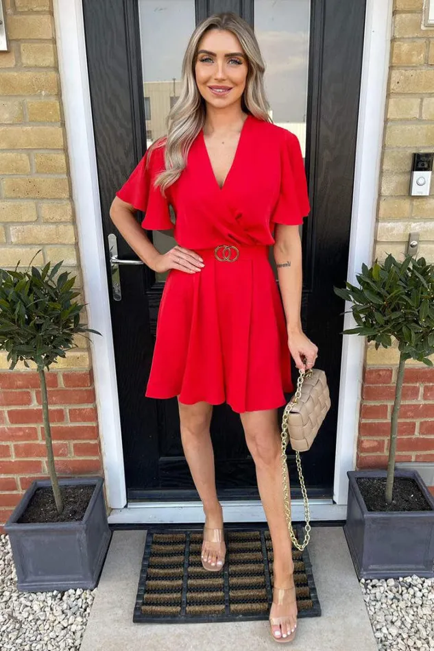 AX Paris Red Wrap Over Belted Skater Dress With Short Sleeves Dresses