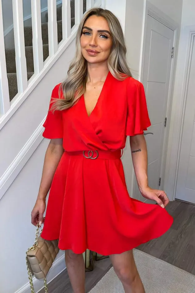 AX Paris Red Wrap Over Belted Skater Dress With Short Sleeves Dresses