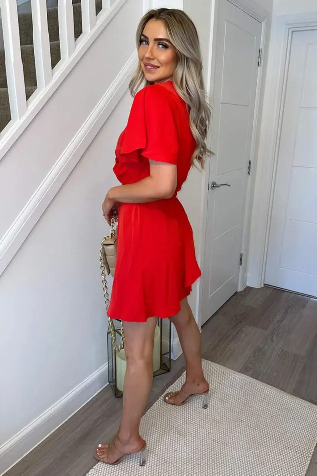 AX Paris Red Wrap Over Belted Skater Dress With Short Sleeves Dresses