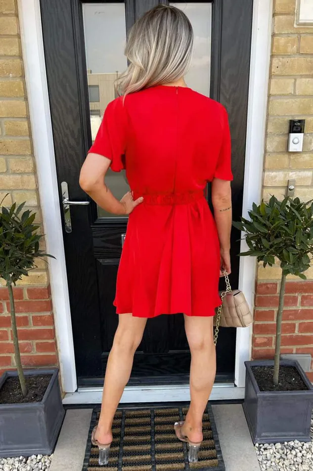AX Paris Red Wrap Over Belted Skater Dress With Short Sleeves Dresses