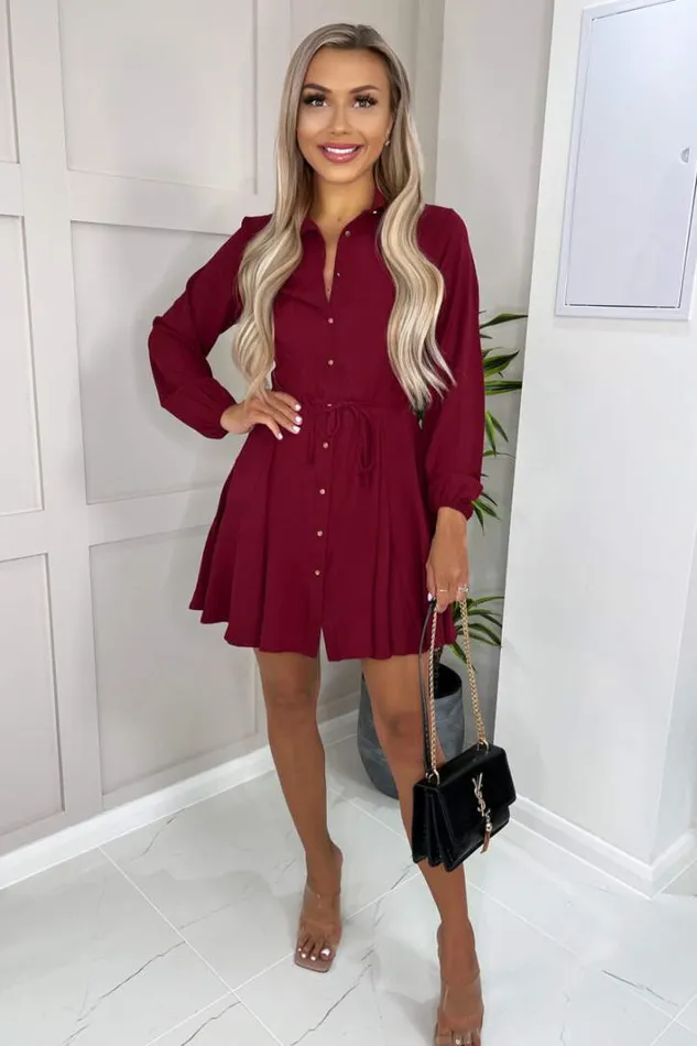 AX Paris Wine Long Sleeve Belted Pleated Skater Dress Dresses