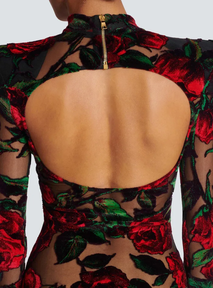 Balmain Dresses Women Burnout Velvet Dress With Rose Print Red