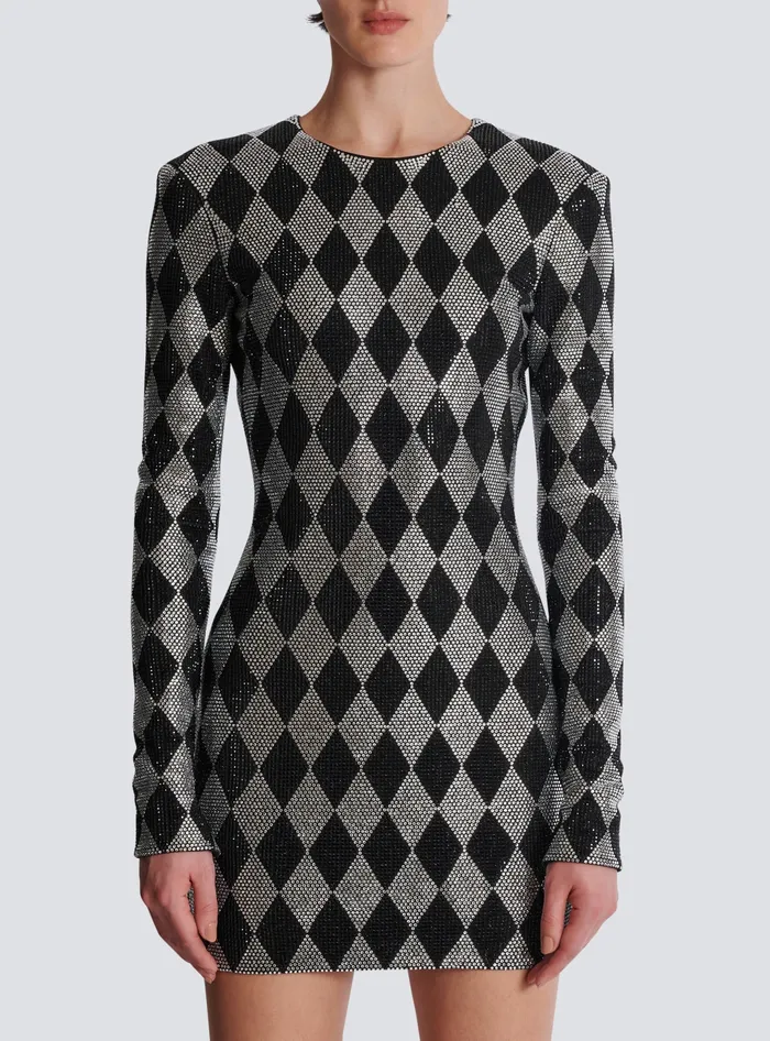 Balmain Dresses Women Short Diamond Rhinestone Dress Black