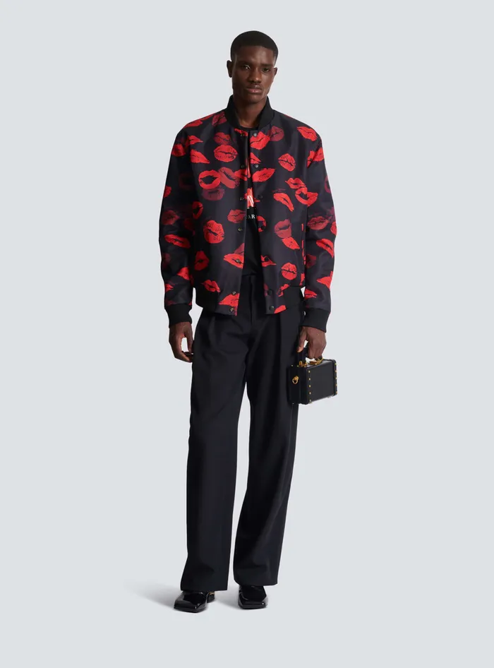 Balmain Outerwear Men Reversible Bomber Jacket In Plain And Kissprint Nylon Black