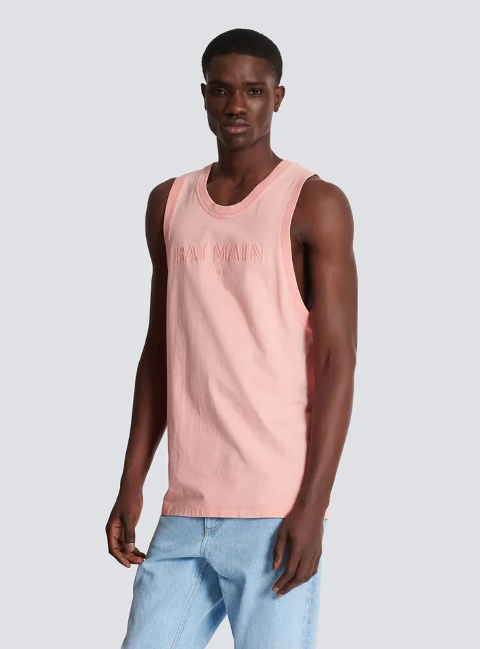 Balmain TShirts Men Tank Top With Vintage Embroidery Pink