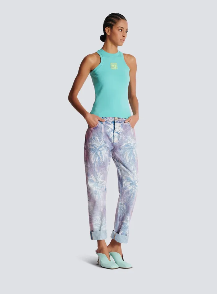 Balmain TShirts Women Tank Top With Retro PB Embroidery Blue