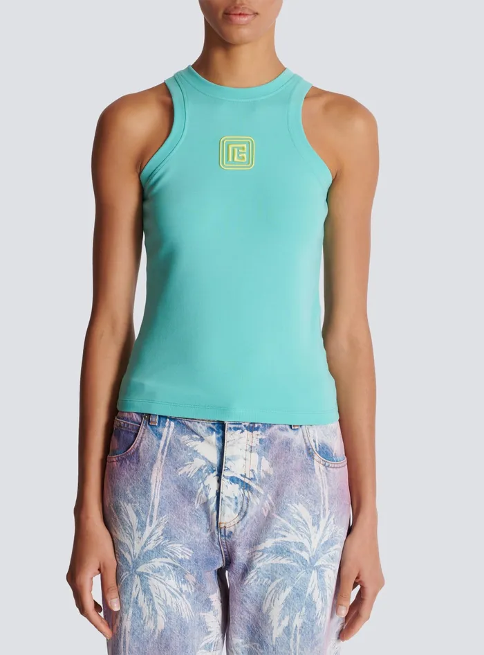 Balmain TShirts Women Tank Top With Retro PB Embroidery Blue