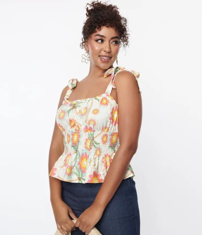 Barbie X Palm Tree and Floral Breezy Babe Crop Top Clothing Unique Vintage Blouses