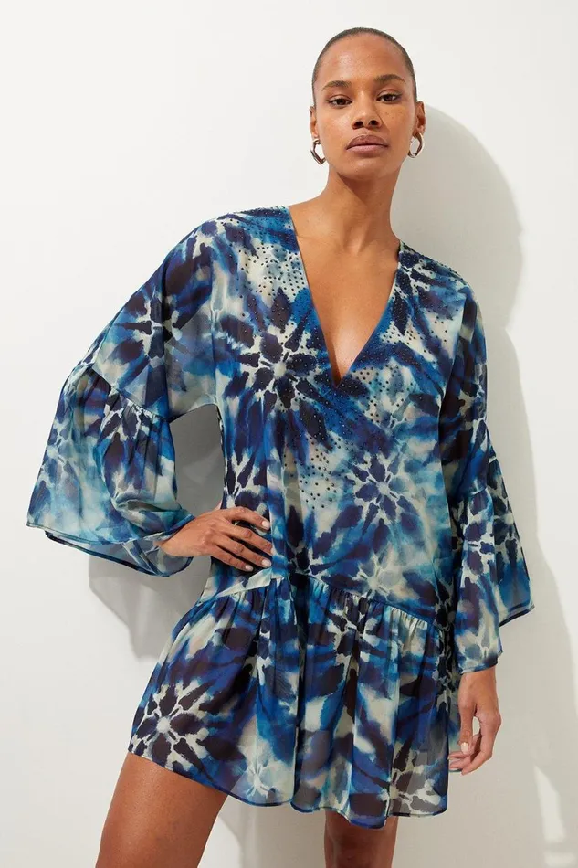 Beachwear Women Karen Millen Embellished Tie Dye Kimono Sleeve Beach Mini Dress Blue Beachwear Women Karen Millen Embellished Tie Dye Kimono Sleeve Beach Mini Dress Blue