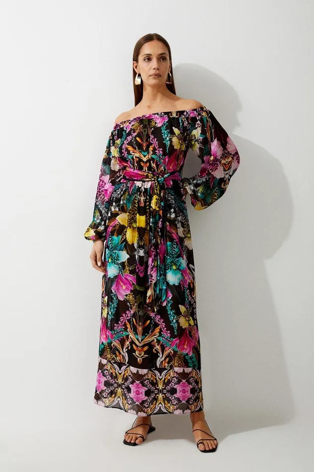 Beachwear Women Karen Millen Mirrored Tropical Viscose Georgette Bardot Beach Maxi Dress Multi Beachwear Women Karen Millen Mirrored Tropical Viscose Georgette Bardot Beach Maxi Dress Multi