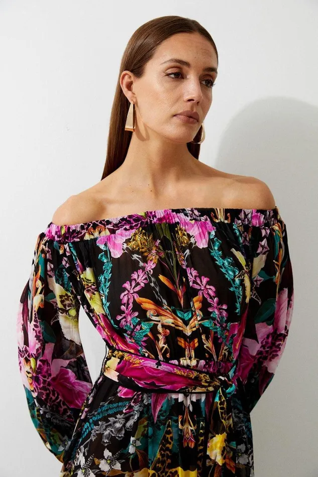 Beachwear Women Karen Millen Mirrored Tropical Viscose Georgette Bardot Beach Maxi Dress Multi