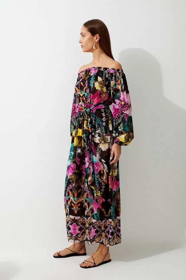 Beachwear Women Karen Millen Mirrored Tropical Viscose Georgette Bardot Beach Maxi Dress Multi
