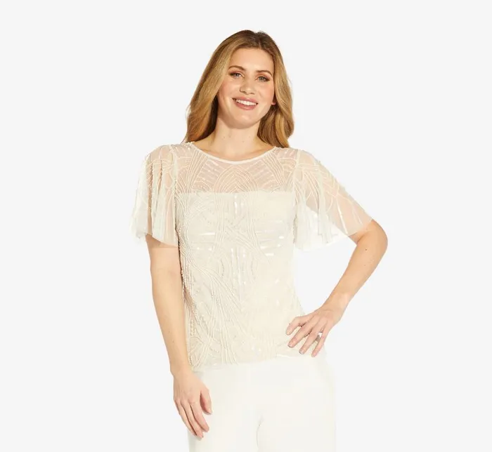Beaded Dresses Womens Adrianna Papell HandBeaded Illusion Top With Flutter Sleeves In Ivory Pearl Beaded Dresses Womens Adrianna Papell HandBeaded Illusion Top With Flutter Sleeves In Ivory Pearl