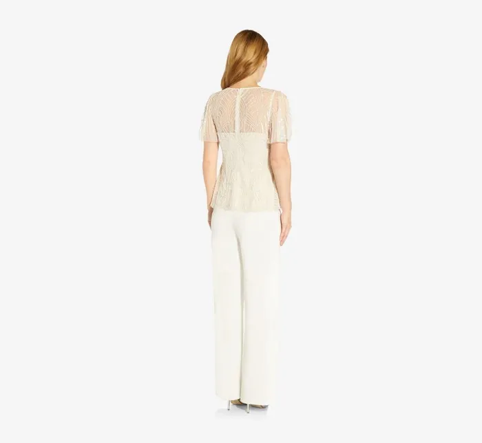 Beaded Dresses Womens Adrianna Papell HandBeaded Illusion Top With Flutter Sleeves In Ivory Pearl