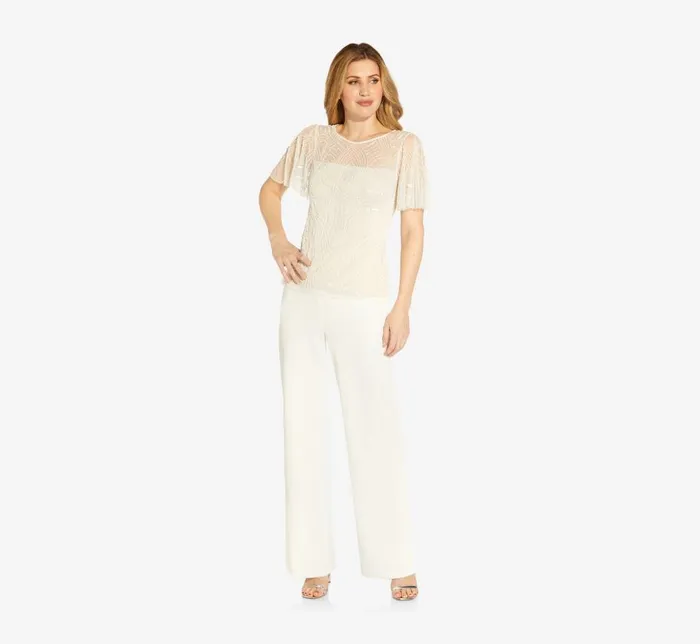 Beaded Dresses Womens Adrianna Papell HandBeaded Illusion Top With Flutter Sleeves In Ivory Pearl