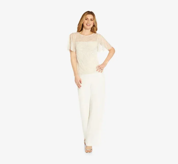 Beaded Dresses Womens Adrianna Papell HandBeaded Illusion Top With Flutter Sleeves In Ivory Pearl