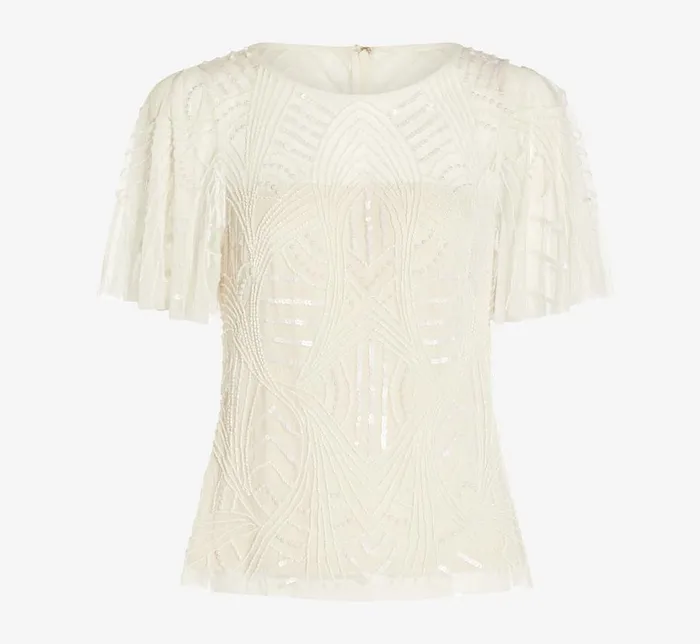 Beaded Dresses Womens Adrianna Papell HandBeaded Illusion Top With Flutter Sleeves In Ivory Pearl