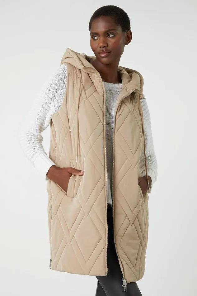 Beige Diamond Quilted Hooded Gilet Women Roman Jackets