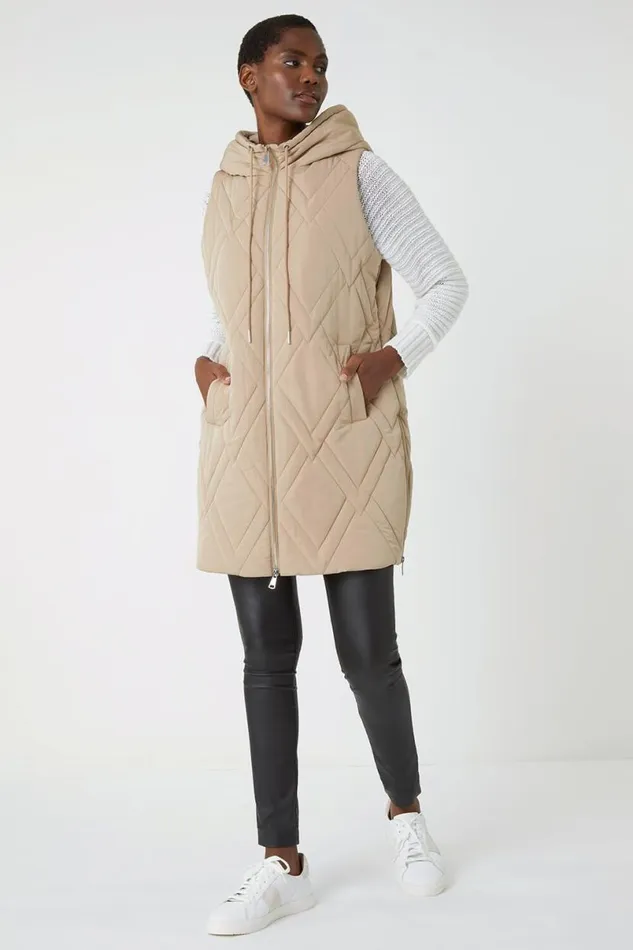 Beige Diamond Quilted Hooded Gilet Women Roman Jackets
