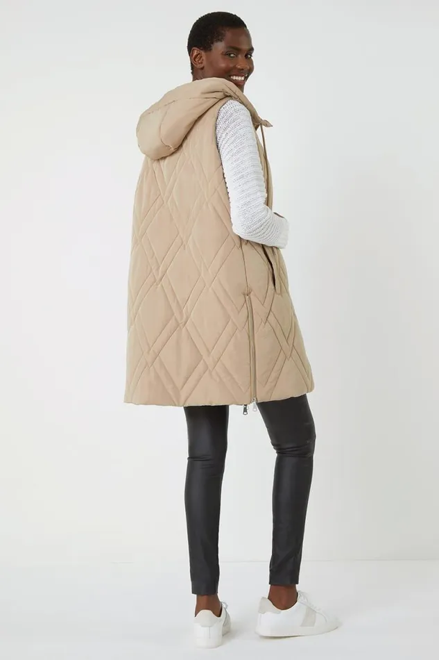 Beige Diamond Quilted Hooded Gilet Women Roman Jackets