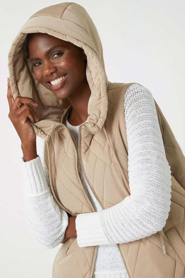 Beige Diamond Quilted Hooded Gilet Women Roman Jackets