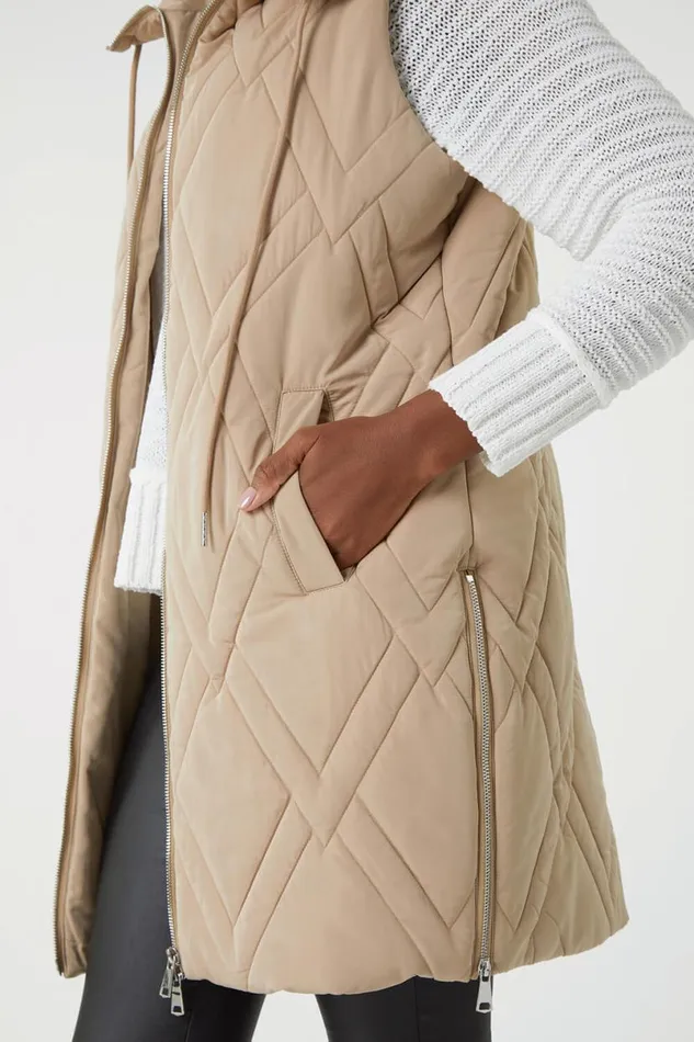 Beige Diamond Quilted Hooded Gilet Women Roman Jackets