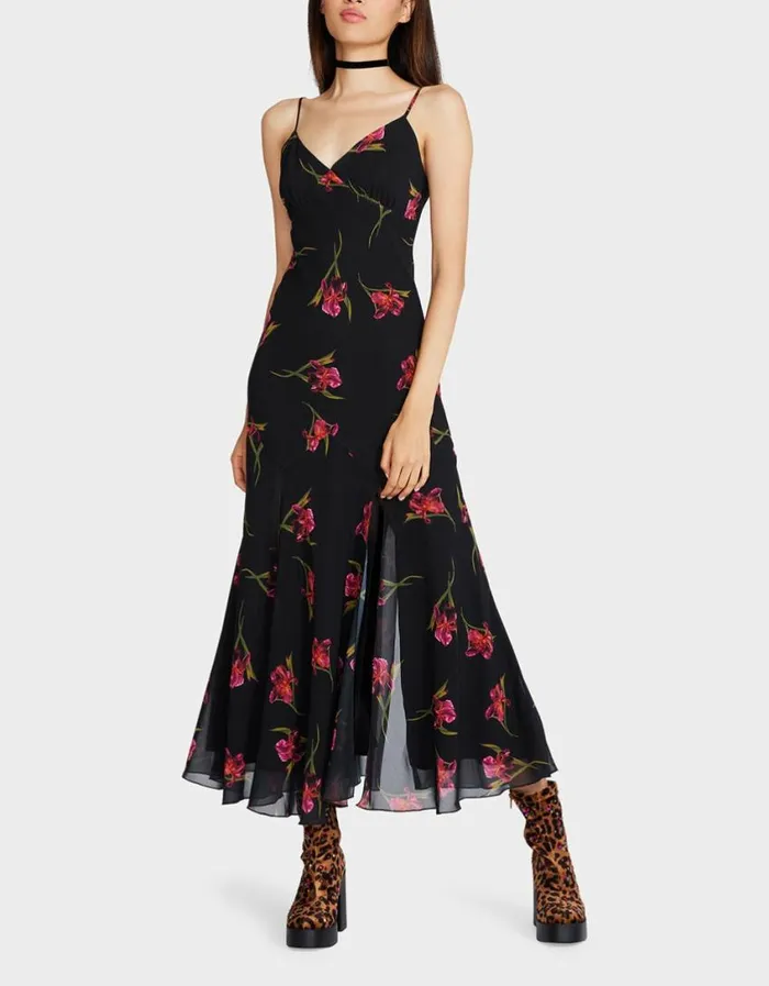 Betsey Johnson Women ADDISON MIDI DRESS ORCHID PRINT BLACK Black