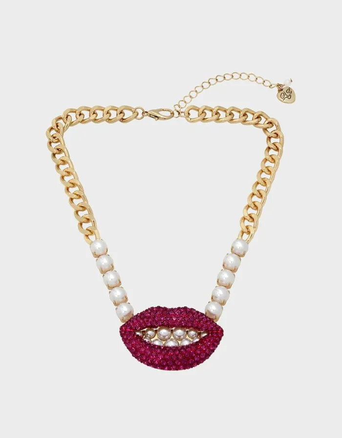 Betsey Johnson Women MIDNIGHT GARDEN SHORT LIP NECKLACE PINK