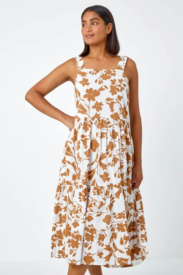 Biscuit Sleeveless Cotton Floral Midi Dress Women Roman Dresses