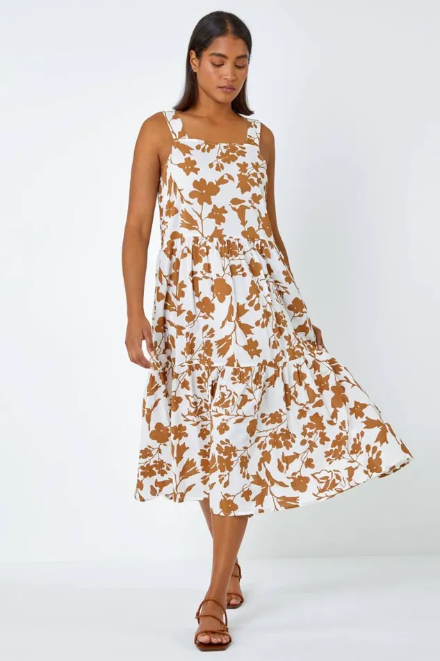 Biscuit Sleeveless Cotton Floral Midi Dress Women Roman Dresses