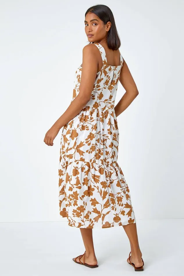 Biscuit Sleeveless Cotton Floral Midi Dress Women Roman Dresses