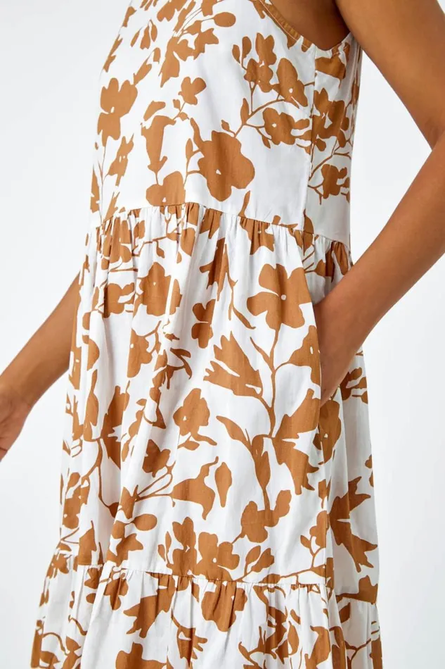 Biscuit Sleeveless Cotton Floral Midi Dress Women Roman Dresses