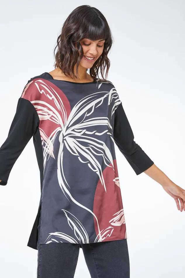 Black Abstract Leaf Print Stretch Tunic Women Roman Tops