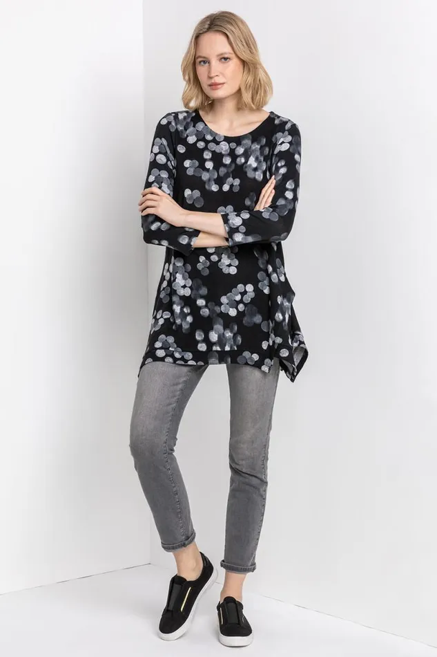 Black Abstract Spot Hanky Hem Top Women Roman Tops