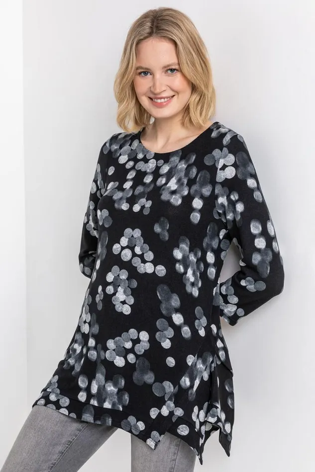 Black Abstract Spot Hanky Hem Top Women Roman Tops